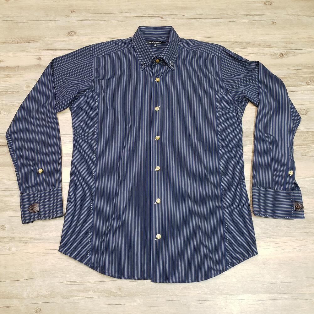 Bogosse Shirt Mens Medium Blue Stripe Regular Fit Dress Long Sleeve Button Up
